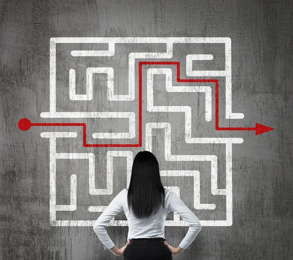 Rear view of the brunette girl who is looking at the solution of the maze. Concrete background. — Stok fotoğraf