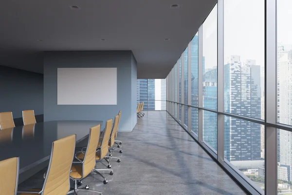 Sala de conferencias panorámica en la oficina moderna de Singapur. Sillas marrones y una mesa negra. Renderizado 3D . — Foto de Stock