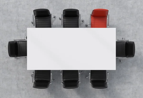 Top view of a conference room. A white rectangular table and eight chairs around, one of them is red. 3D rendering. — Stockfoto