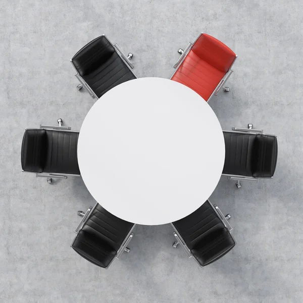 Вид зверху на конференц-зал. Білий круглий стіл і шість стільців навколо, один з них червоний. Офісний інтер'єр. 3D візуалізація . — стокове фото