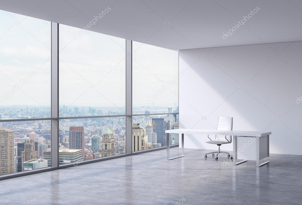 A workplace in a modern corner panoramic office in New York, Manhattan. A white leather chair and a white table. A concept of financial consulting services. 3D rendering.