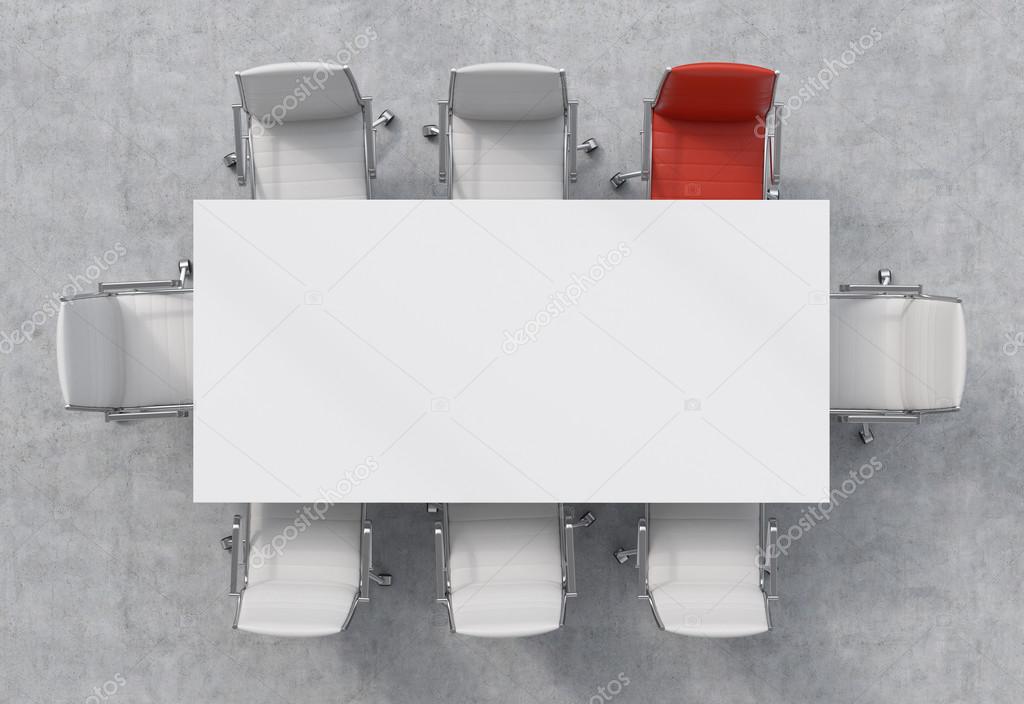 Top View of a conference room. A white rectangular table and eight chairs around, one of them is red. Office interior. 3D rendering.
