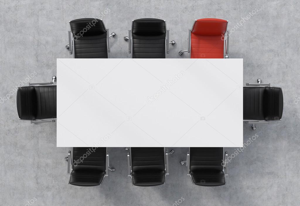 Top view of a conference room. A white rectangular table and eight chairs around, one of them is red. 3D rendering.