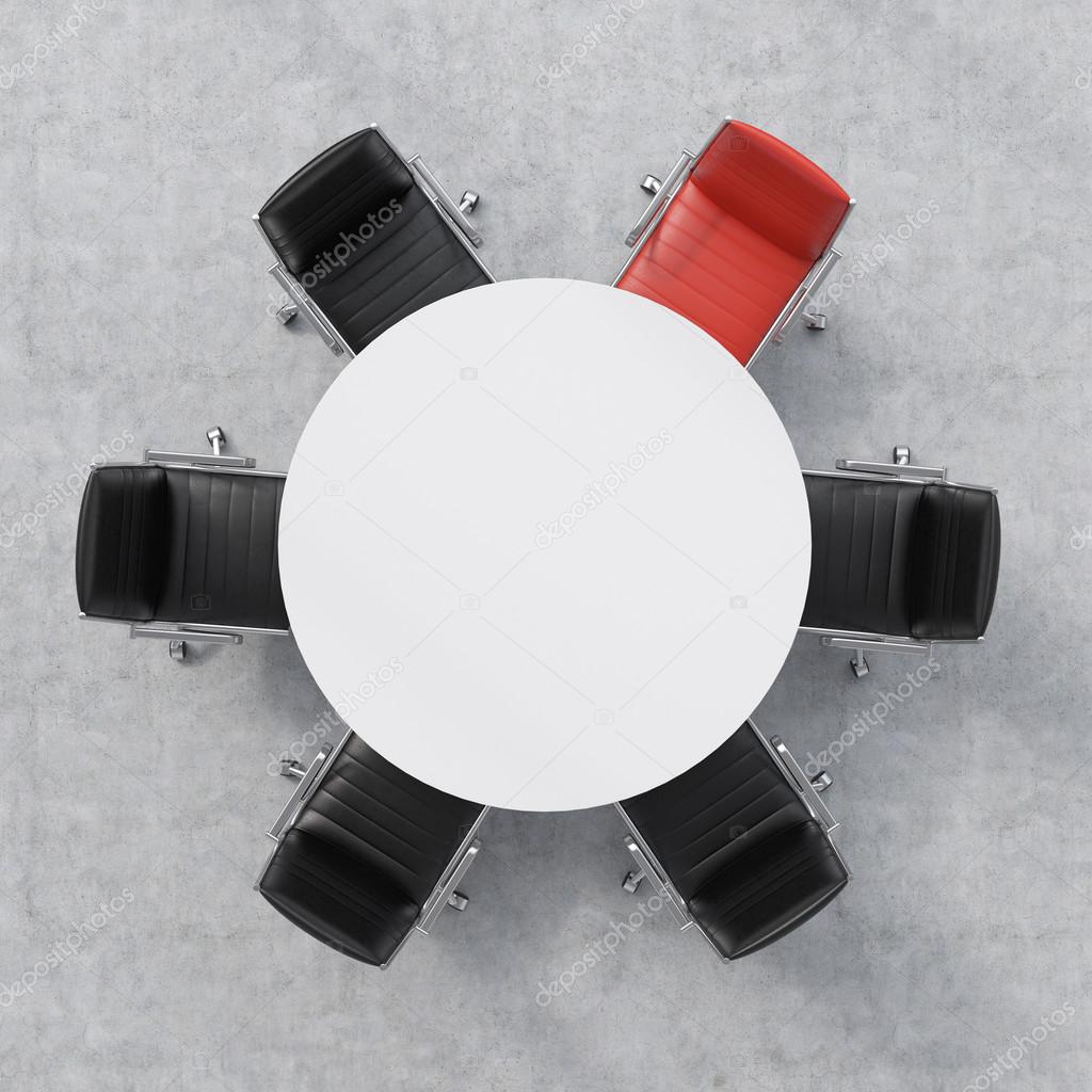 Top view of a conference room. A white round table and six chairs around, one of them is red. Office interior. 3D rendering.