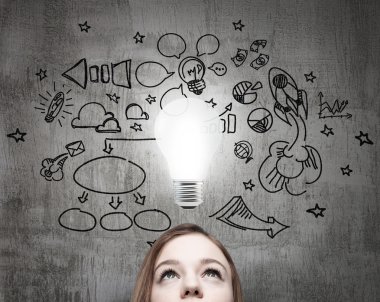 Young business lady is looking for new business ideas. Drawn business icons on the concrete wall and a light bulb as a concept of new idea.