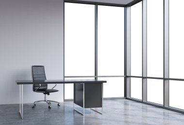 A workplace in a modern corner panoramic office, copy space on windows. A black leather chair and a black table. A concept of financial consulting services. 3D rendering.