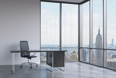 A workplace in a modern corner panoramic office in New York, Manhattan. A black leather chair and a black table. A concept of financial consulting services. 3D rendering.