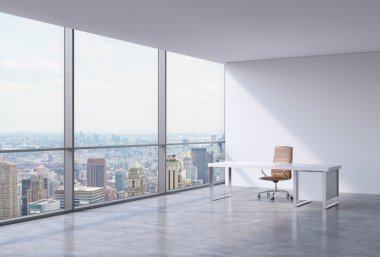 A workplace in a modern corner panoramic office in New York, Manhattan. A brown leather chair and a white table. A concept of financial consulting services. 3D rendering.