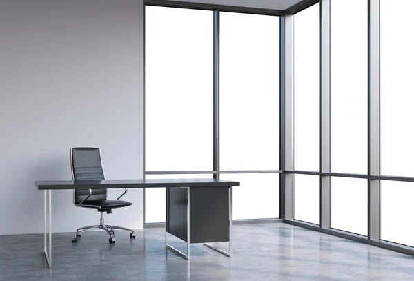 A workplace in a modern corner panoramic office, copy space on windows. A black leather chair and a black table. A concept of financial consulting services. 3D rendering. — Stock Photo, Image