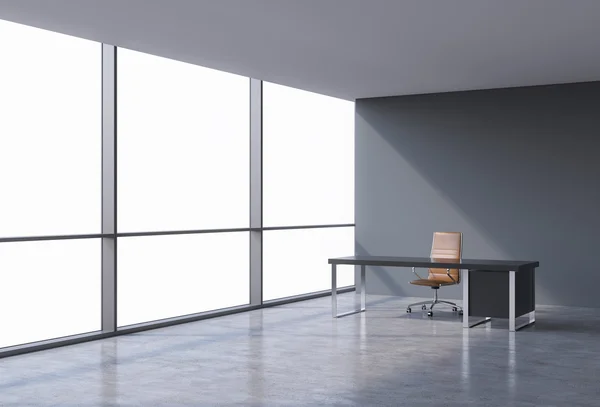 A workplace in a modern panoramic office, copy space on windows. A brown leather chair and a black table. A concept of financial consulting services. 3D rendering. — Stock Photo, Image