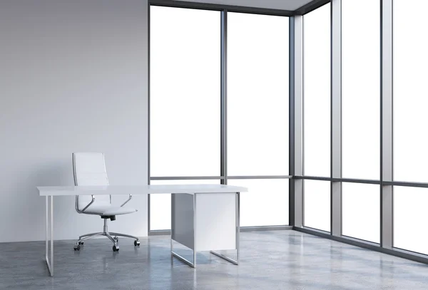 A workplace in a modern corner panoramic office, copy space on windows. A white leather chair and a white table. A concept of financial consulting services. 3D rendering. — Stockfoto