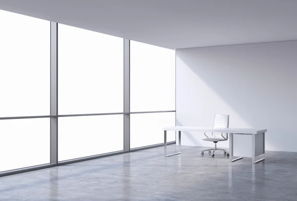 A workplace in a modern corner panoramic office, copy space on windows. A white leather chair and a white table. A concept of financial consulting services. 3D rendering. — Stock Photo, Image