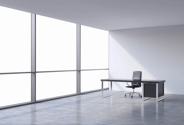 A workplace in a modern corner panoramic office, copy space on windows. A black leather chair and a black table. A concept of financial consulting services. 3D rendering. — Stock Photo, Image