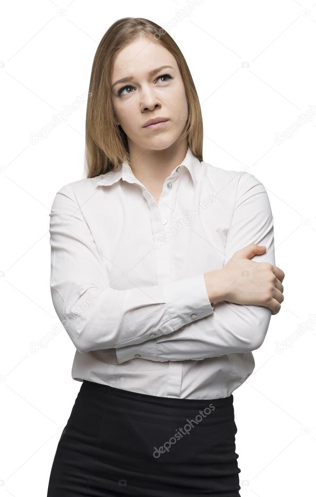 Side view of a thoughtful woman with crossed hands. Isolated on white background.