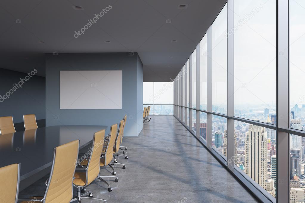 Panoramic conference room in modern office in New York City. Brown chairs and a black table. 3D rendering.