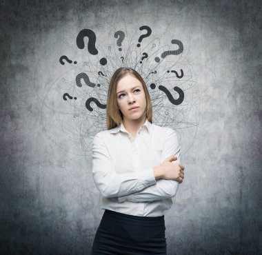 A portrait of a beautiful lady with questioning expression and question marks above her head. Concrete background. clipart