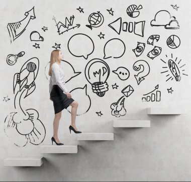 Young business woman is going up to the stairs. A concept of a brainstorm. Business icons are drawn on the wall. Concrete background. clipart