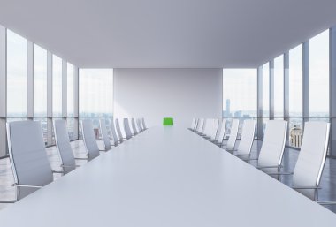 Panoramic conference room in modern office in New York City. White chairs and a white table. A green chair in a head of the table. 3D rendering.