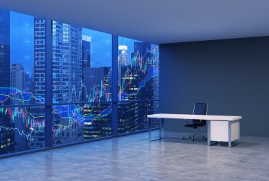 A workplace in a modern corner panoramic office with New York evening view and forex chart. A black leather chair and a white table. A concept of financial consulting services. 3D rendering.