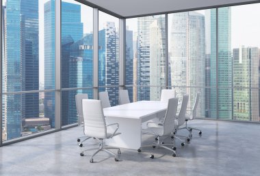 Panoramic corner conference room in modern office, Singaporean financial area view. White chairs and a white table. 3D rendering.