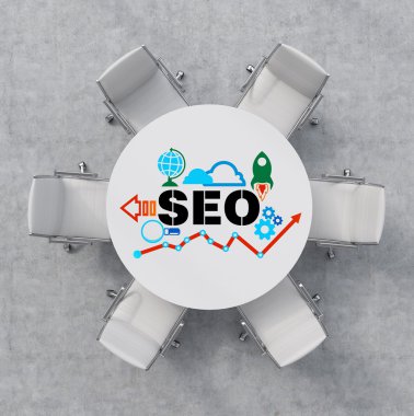 Top View of a conference room. A white round table and six white chairs around. Colourful SEO flowchart is drawn on the table surface. Office interior. 3D rendering.