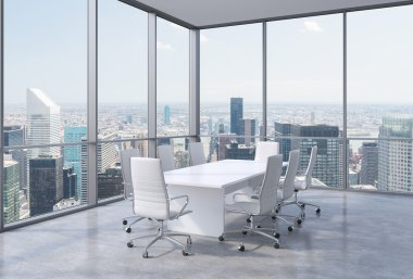 Panoramic conference room in modern office in New York City. White chairs and a white table. 3D rendering.