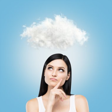 A portrait of a pensive brunette lady in a white tank top. A cloud is hanging above the head. Blue background.