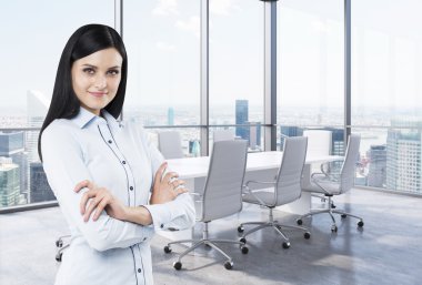 Beautiful brunette in a corner conference room. Modern office with huge windows and amazing New York panoramic view. clipart