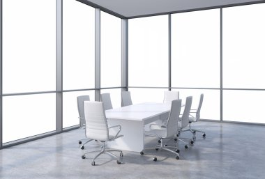 Panoramik köşe modern ofis, belgili tanımlık pencere eşiği kopya alanı görünümünden konferans odasında. Beyaz koltukları ve beyaz bir tablo. 3D render.