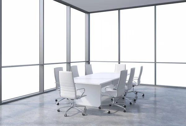 Panoramic corner conference room in modern office, copy space view from the windows. White chairs and a white table. 3D rendering. — Stock Photo, Image
