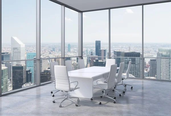 Panoramic conference room in modern office in New York City. White chairs and a white table. 3D rendering. — 图库照片