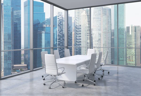 Panoramic corner conference room in modern office, Singaporean financial area view. White chairs and a white table. 3D rendering.