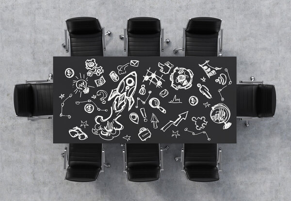 Top Вид на конференц-зал. Черный прямоугольный стол и восемь чёрных стульев вокруг. На поверхности стола нарисованы деловые иконки. Интерьер офиса. 3D рендеринг
.