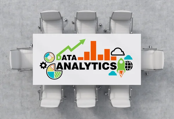 Top View of a conference room. A white rectangular table and eight white chairs around. Colourful analytical charts are drawn on the table surface. Office interior. 3D rendering. — Stock Photo, Image