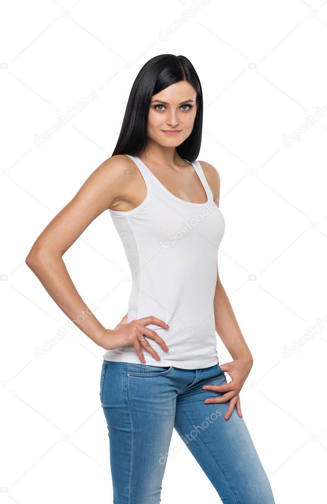 Close up brunette girl in and white tank top. Isolated. Stock Photo by ©denisismagilov 77722546