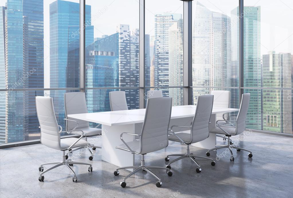 Modern office interior with huge windows and Singapore panoramic view. White leather on the chairs and a white table. A concept of CEO workplace. 3D rendering.