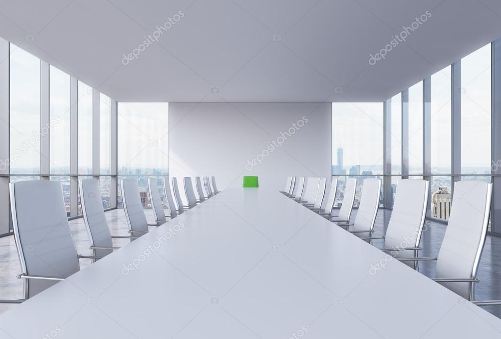 Panoramic conference room in modern office in New York City. White chairs and a white table. A green chair in a head of the table. 3D rendering.