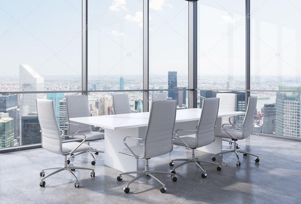 Panoramic corner conference room in modern office in New York City. White chairs and a white table. 3D rendering.