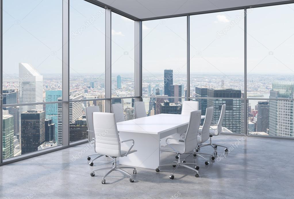 Panoramic conference room in modern office in New York City. White chairs and a white table. 3D rendering.