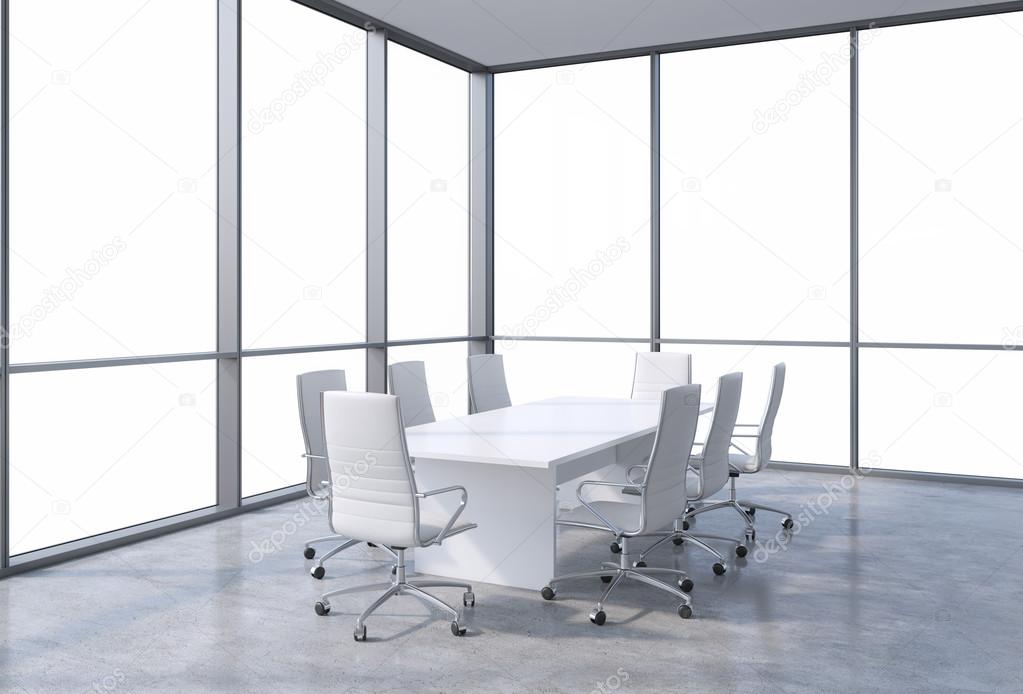 Panoramic corner conference room in modern office, copy space view from the windows. White chairs and a white table. 3D rendering.