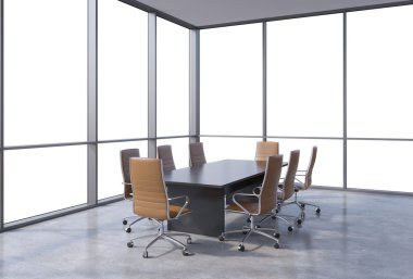 Panoramik toplantı odasında modern ofis, cope alan görünüm--dan pencere eşiği. Kahverengi koltukları ve siyah bir tablo. 3D render.