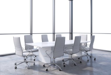 Modern ofis, belgili tanımlık pencere eşiği kopya alanı görünümünden panoramik toplantı odasında. Beyaz koltukları ve beyaz bir tablo. 3D render.