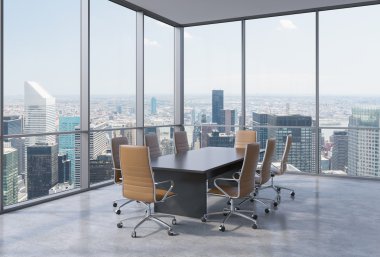 New York City modern ofis panoramik toplantı odasında. Kahverengi koltukları ve siyah bir tablo. 3D render.