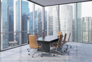 Singapur modern ofis panoramik toplantı odasında. Kahverengi koltukları ve siyah bir tablo. 3D render.