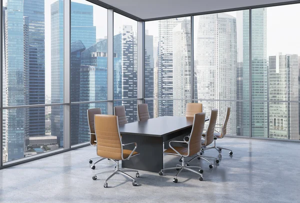Singapur modern ofis panoramik toplantı odasında. Kahverengi koltukları ve siyah bir tablo. 3D render.