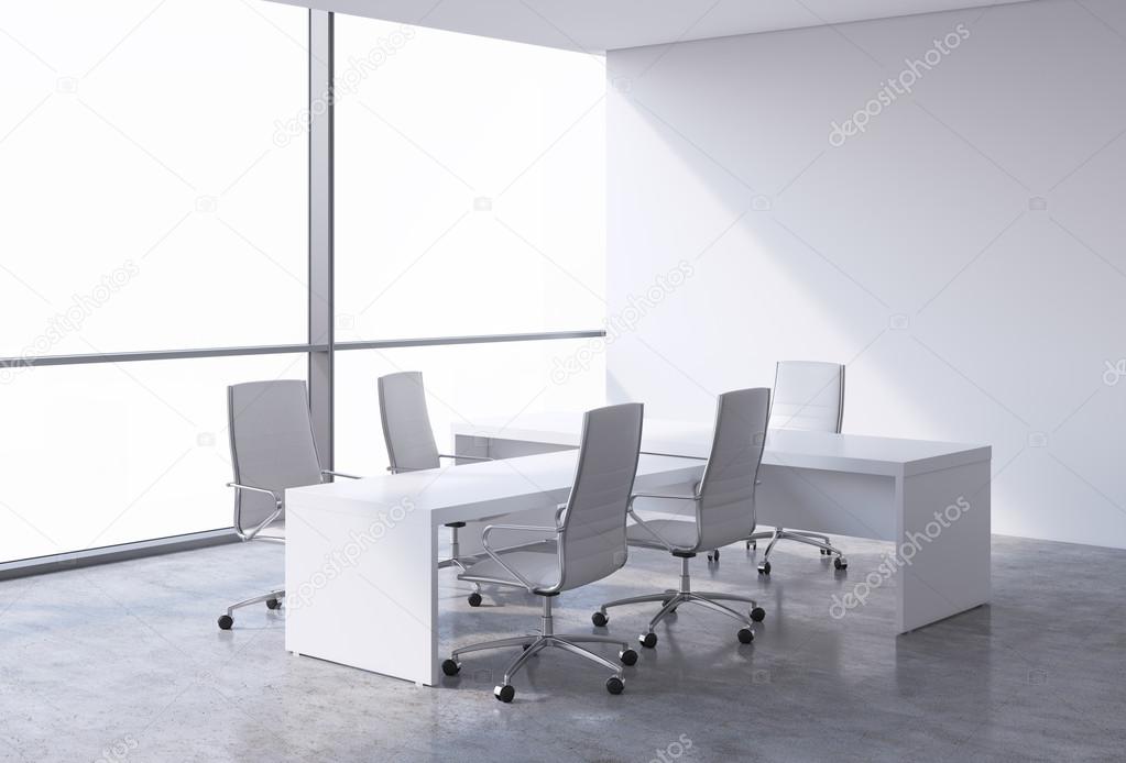 Modern office interior with huge windows and cope space panoramic view. White leather on the chairs and a white table. A concept of CEO workplace. 3D rendering.