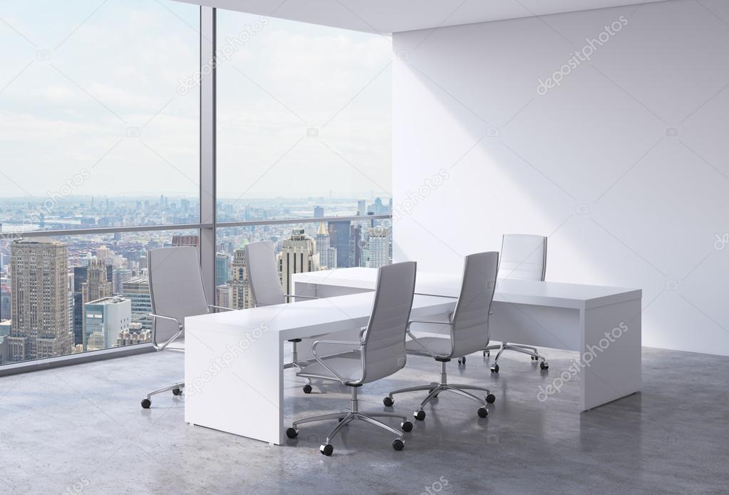 Modern office interior with huge windows and New York panoramic view. A concept of CEO workplace. 3D rendering.