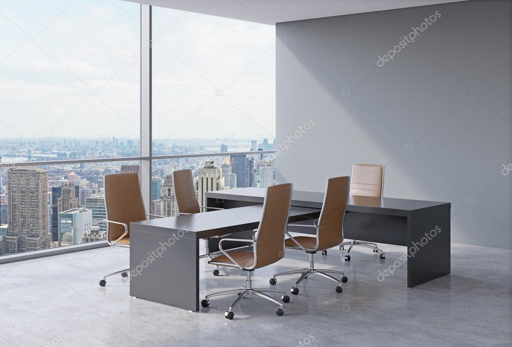 Modern office interior with huge windows and New York panoramic view. Brown leather on the chairs and a black table. A concept of CEO workplace. 3D rendering.