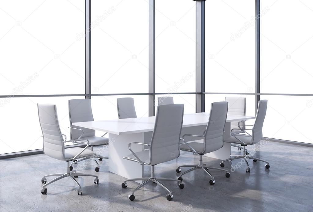 Panoramic conference room in modern office, copy space view from the windows. White chairs and a white table. 3D rendering.