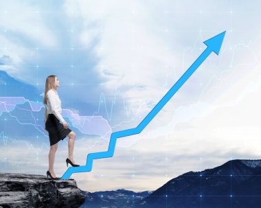 Full length beautiful woman in formal clothes on the rock is going up along the growing arrow. Forex financial chart on the background.